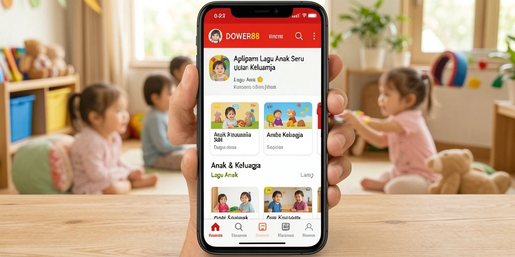 Antarmuka pengguna aplikasi DOWER88 dengan berbagai lagu anak yang ceria.