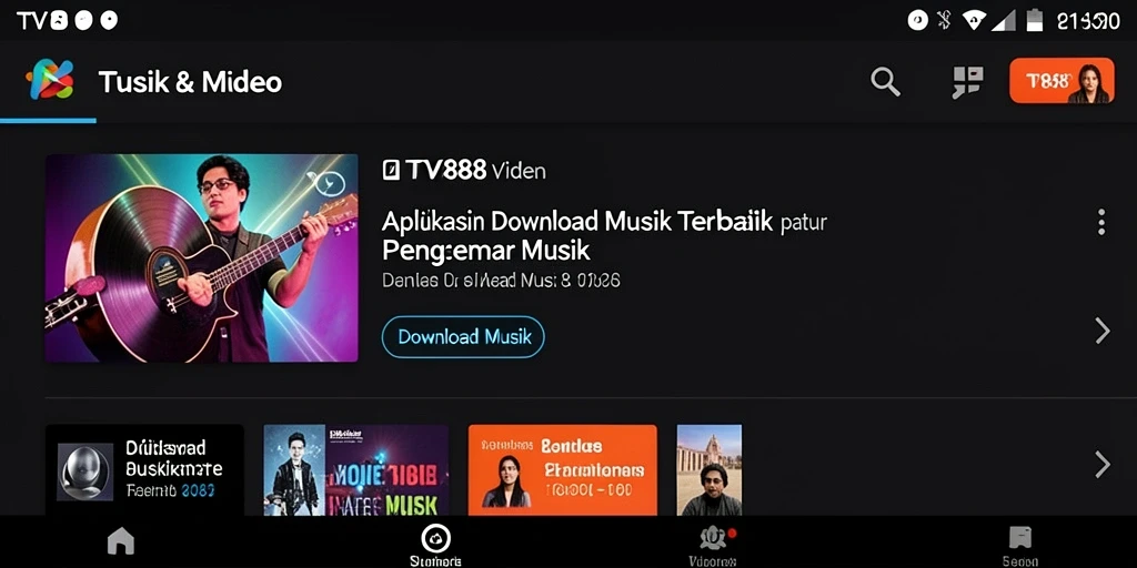 Tampilan antarmuka utama TV888 dengan fitur Download Musik.